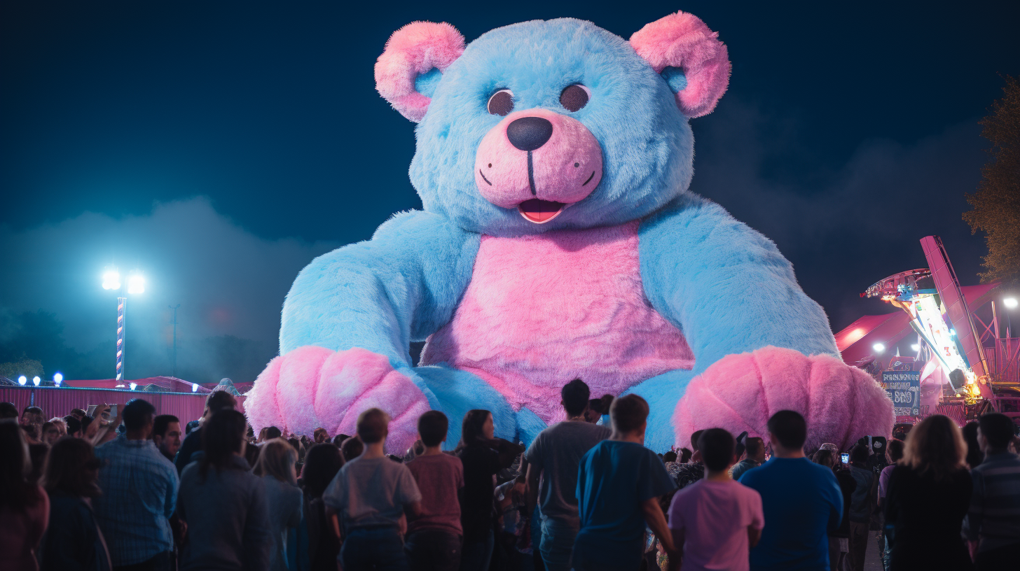 Adorable blue and pink fuzzy teddy bear at carnival