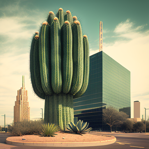 A majestic giant cactus surrounding a tall building