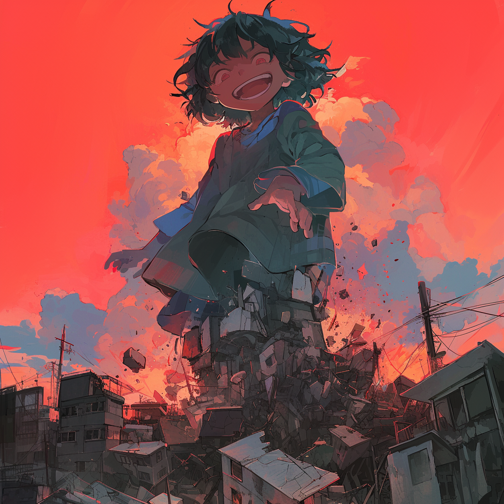 Giant child stepping over buildings destruction