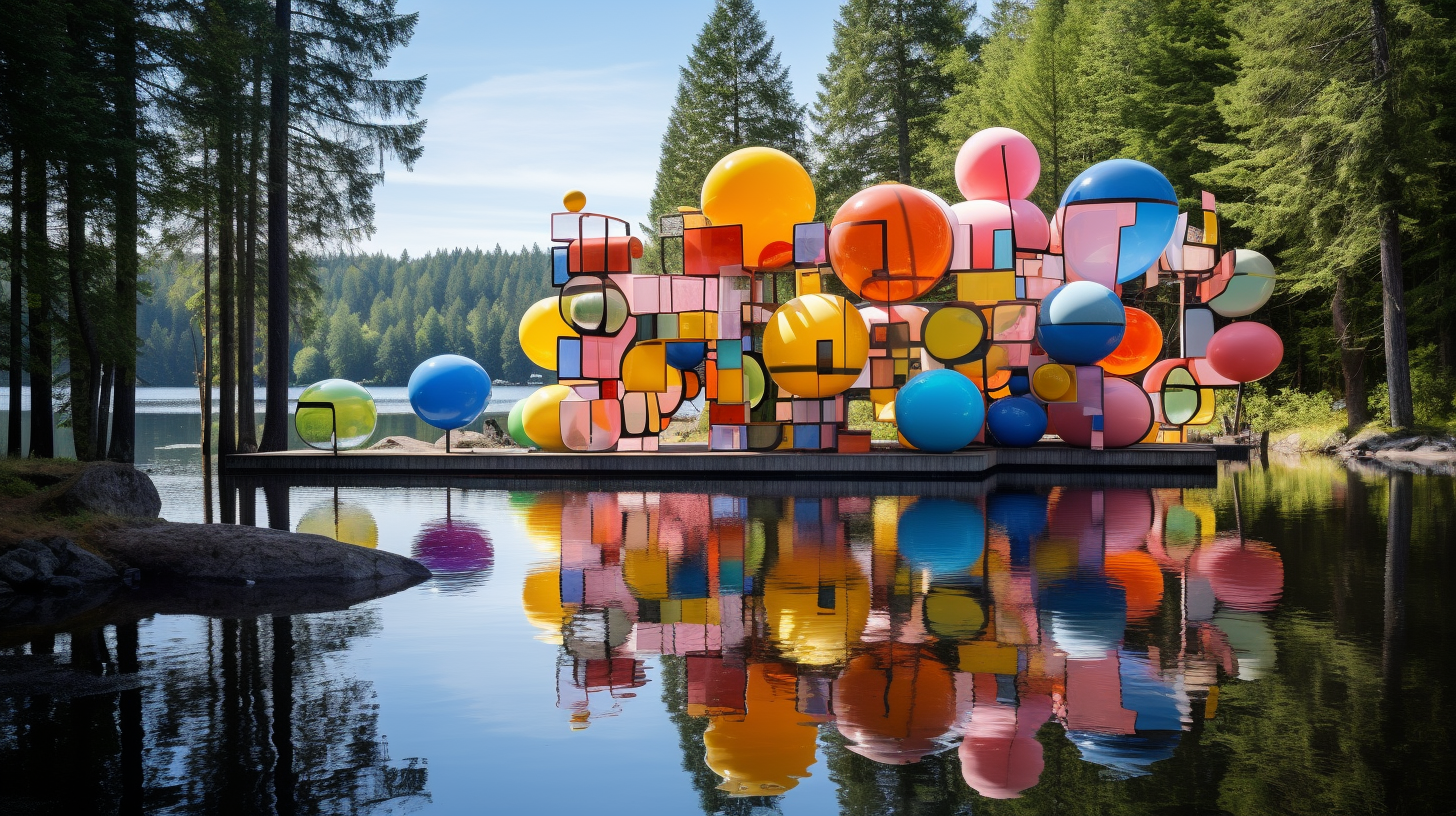 Vibrant art installations in a forest near a lake