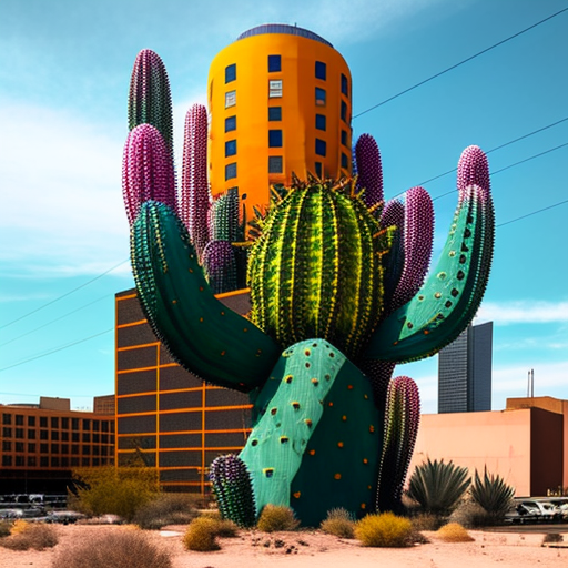 Colorful cactus surrounding a tall building