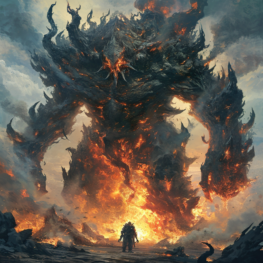 Fierce giant creature surrounded by flames and smoke