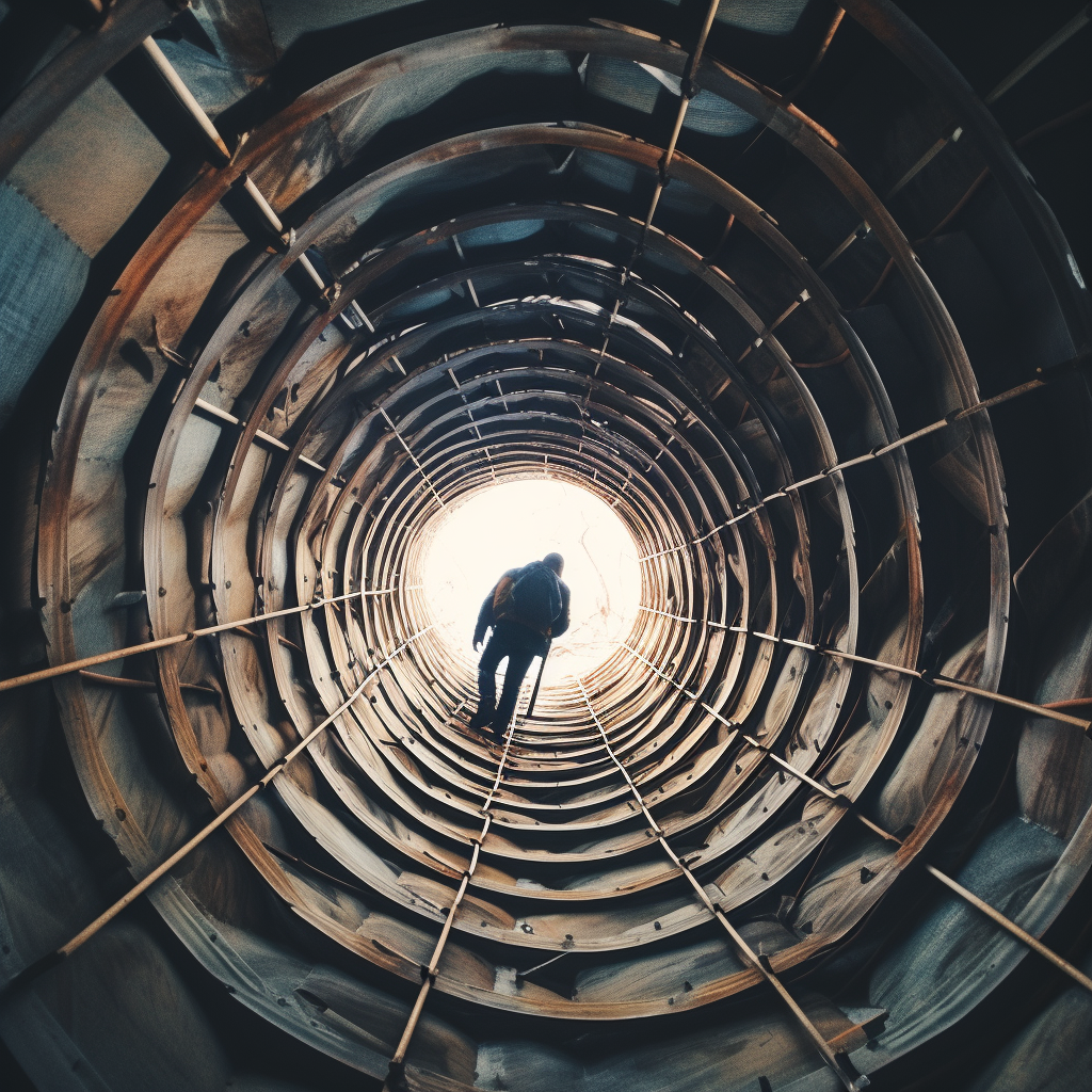 Climbing inside a dangerous giant pipe with scaffolding