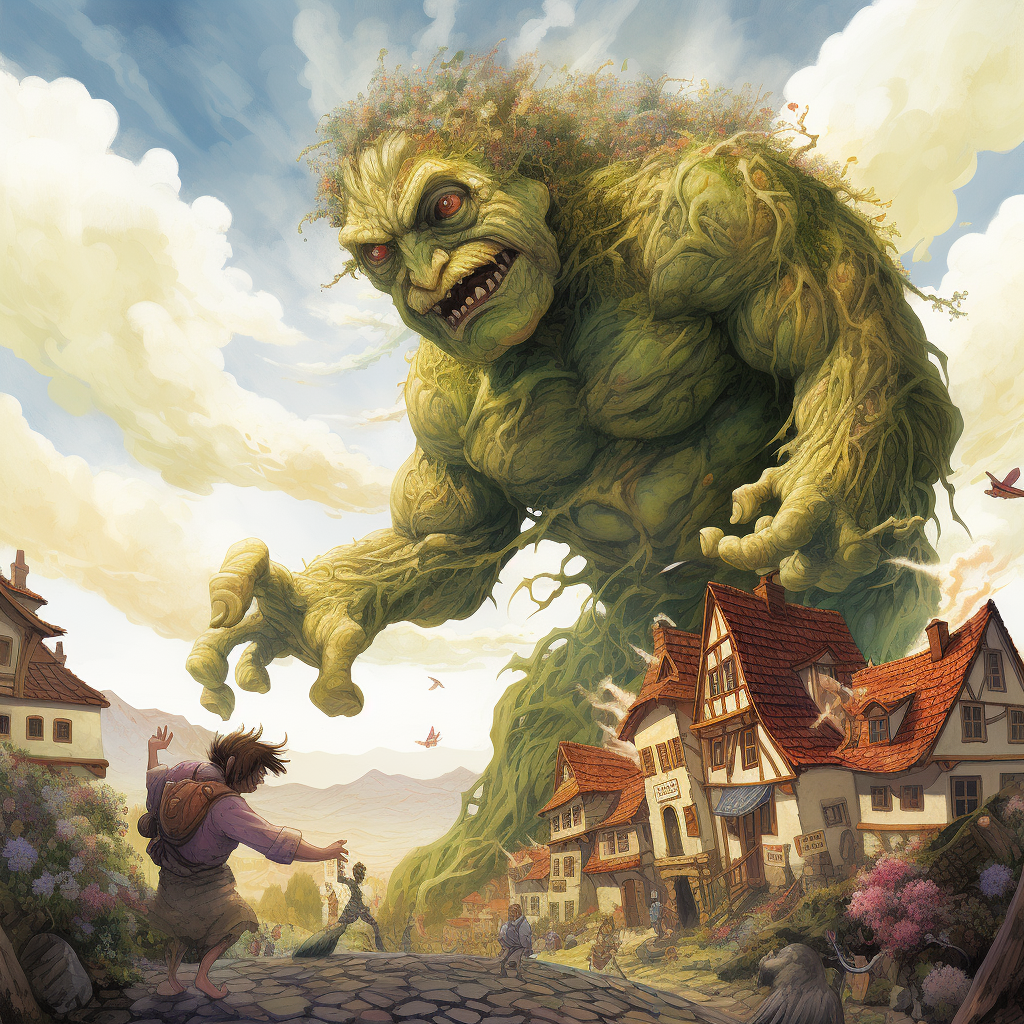 Colorful fairytale illustration of a giant destroying a village