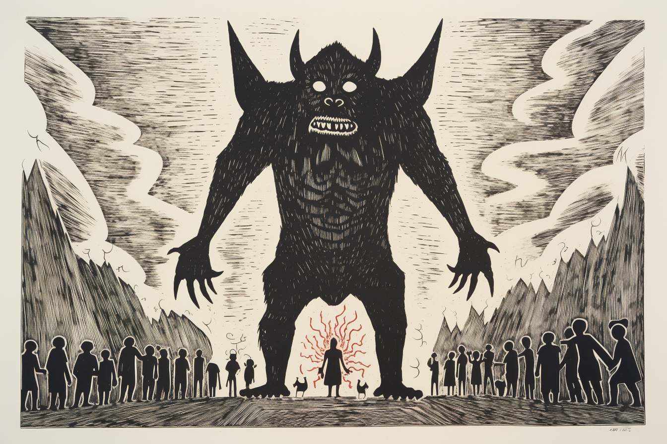 Giant devil with sythe in monochrome linocut print