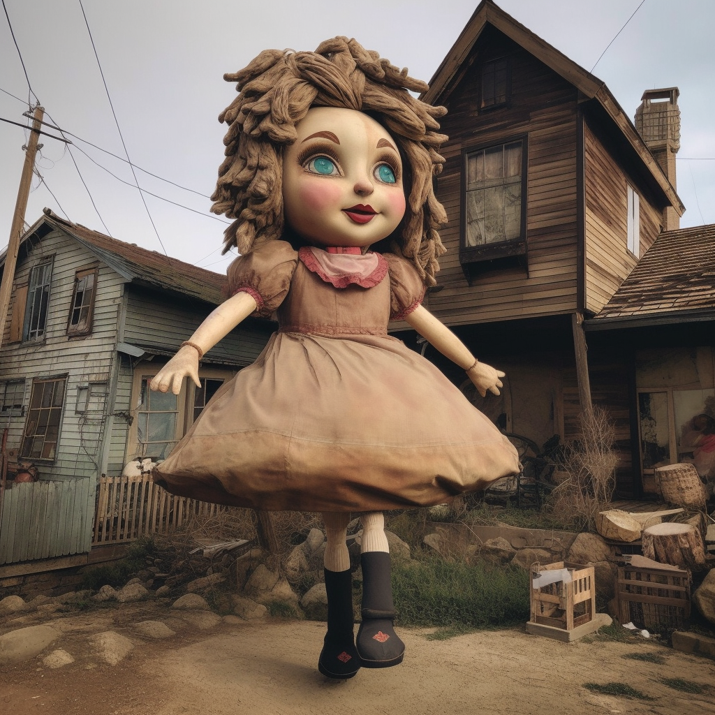 Giant doll crushing town houses