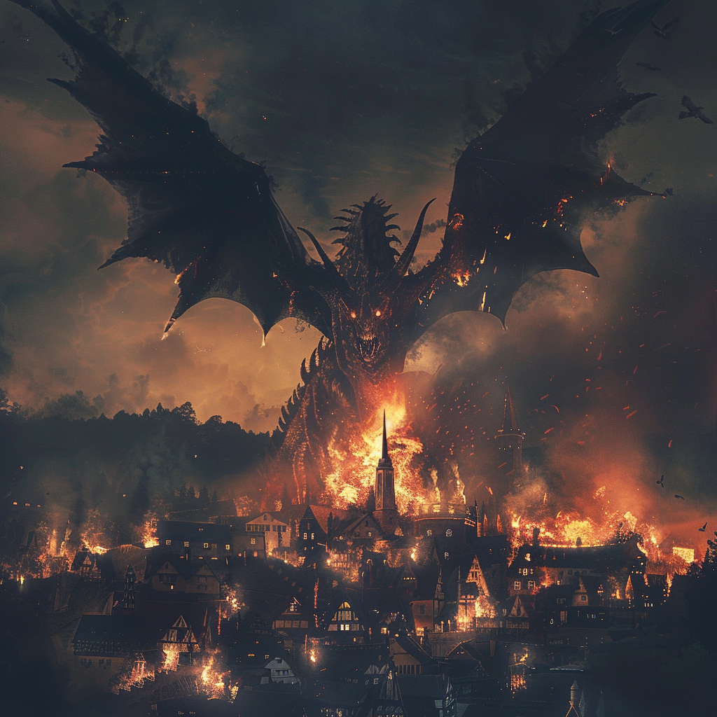 Giant dragon in burning medieval town