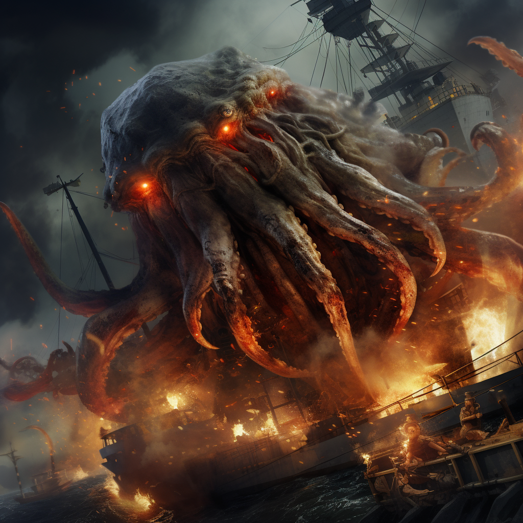 Terrifying giant squid attacking battleship