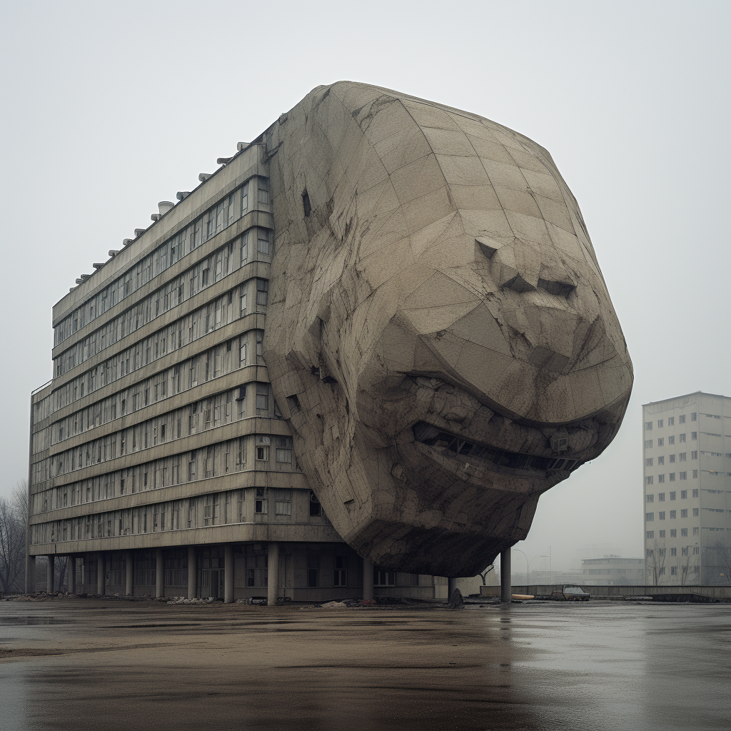 Giant flattened potato over dystopian building