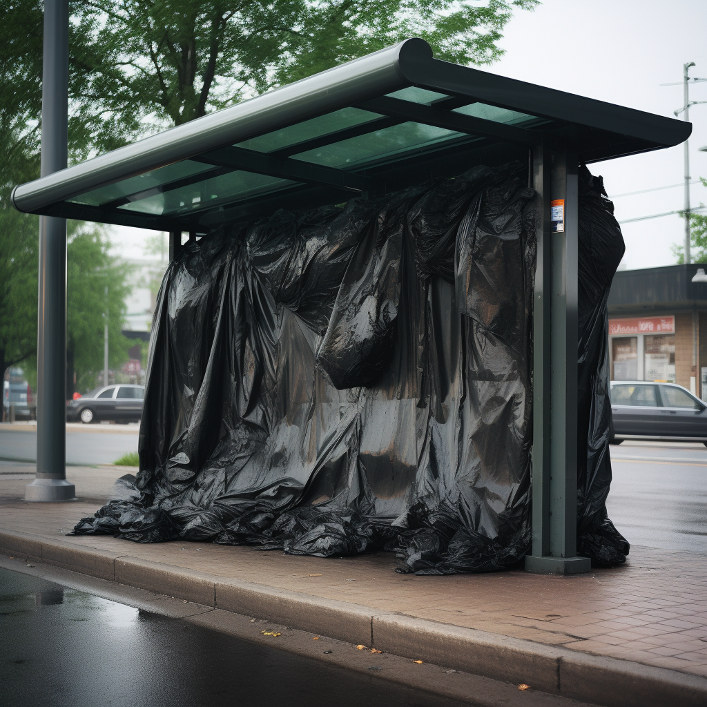 Giant garbage bag covering bus stop