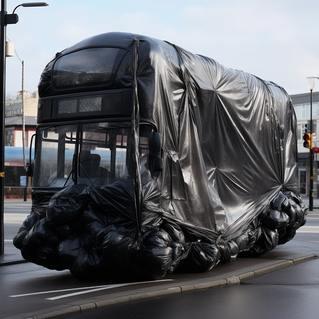 Giant garbage bag covering bus