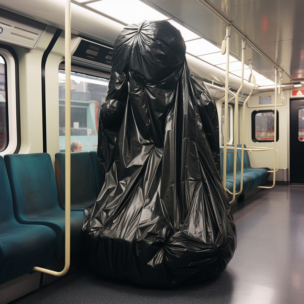 Massive trash bag on a city bus