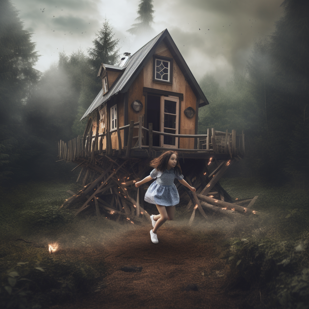 Surreal image of giant girl smashing tiny house