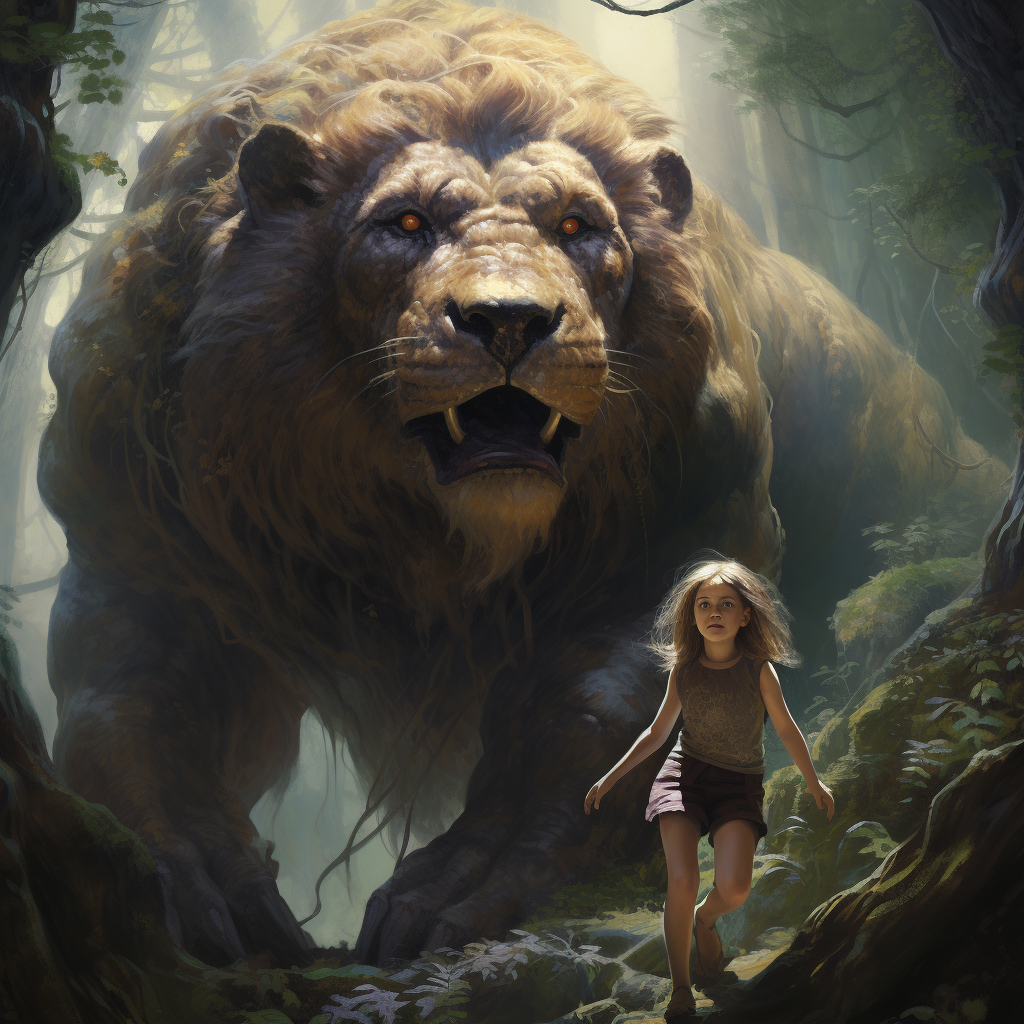 Giant overlooking girl and lion cub in magical forest