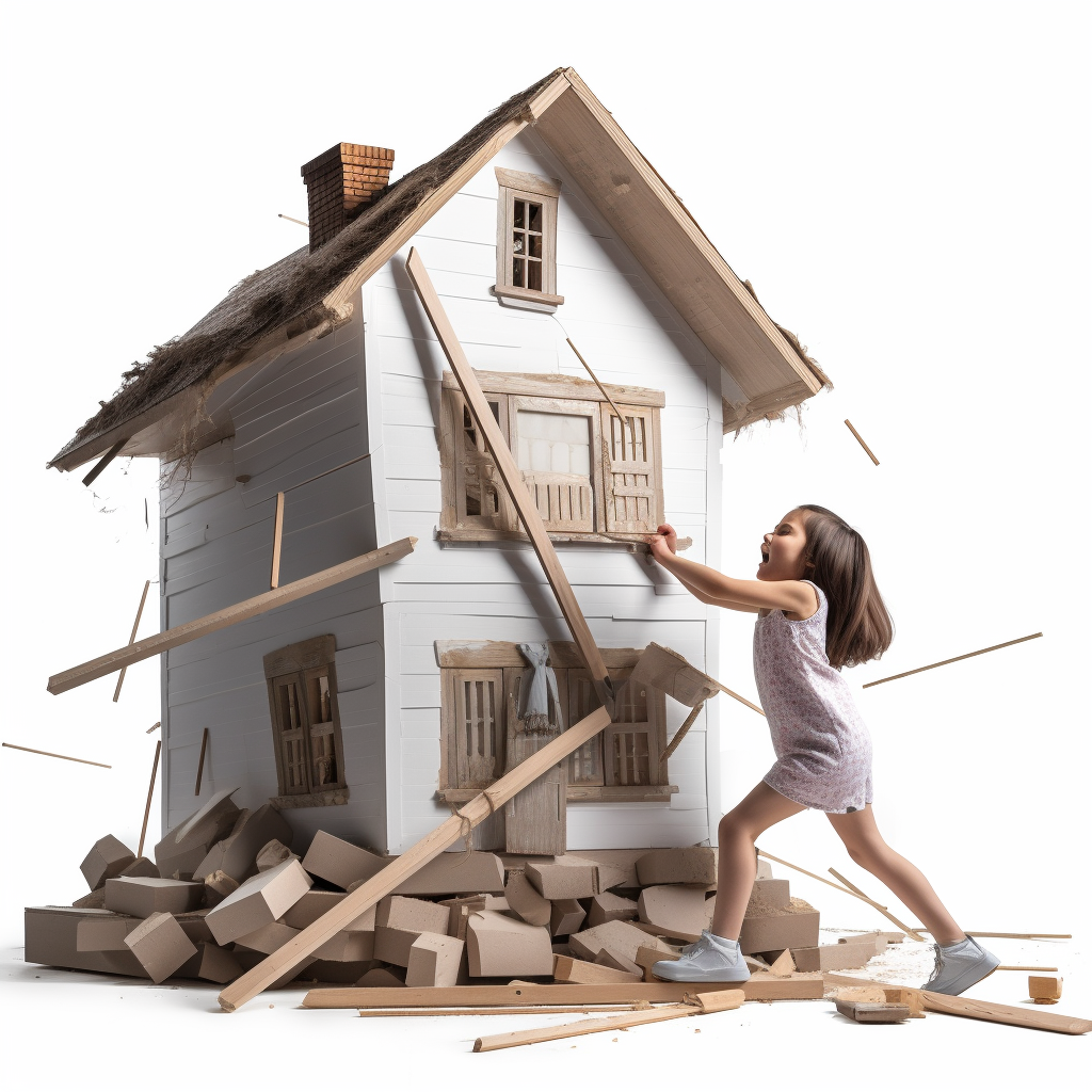 Giant girl smashing model house