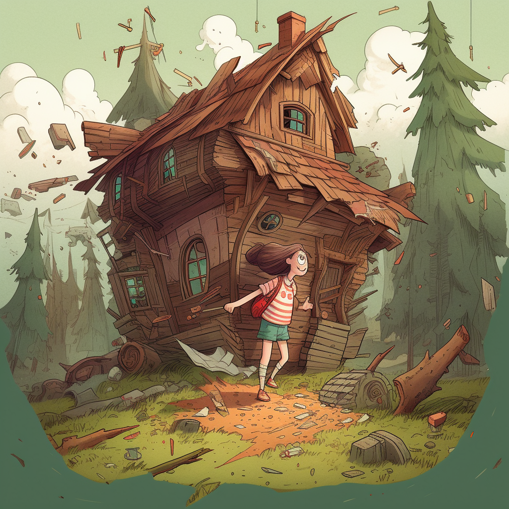 A giant girl smashing a tiny house in the forest