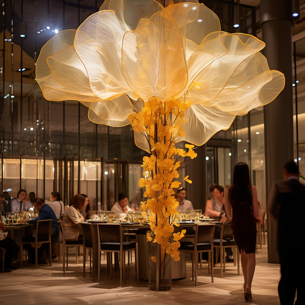 Glass cylinder with artificial flowers in a cafe