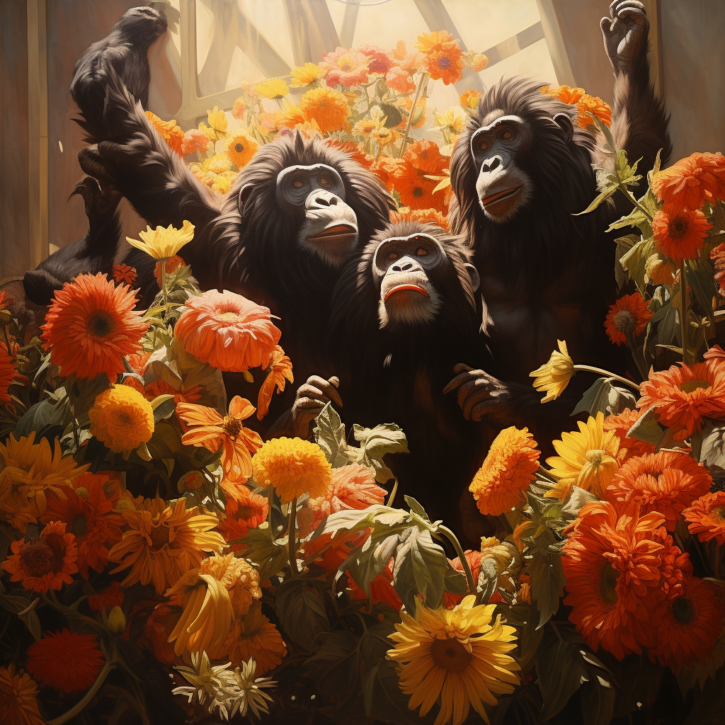 Group of giant gorillas with gerberas