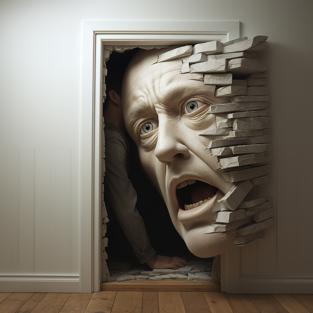 Giant head stuck in doorframe