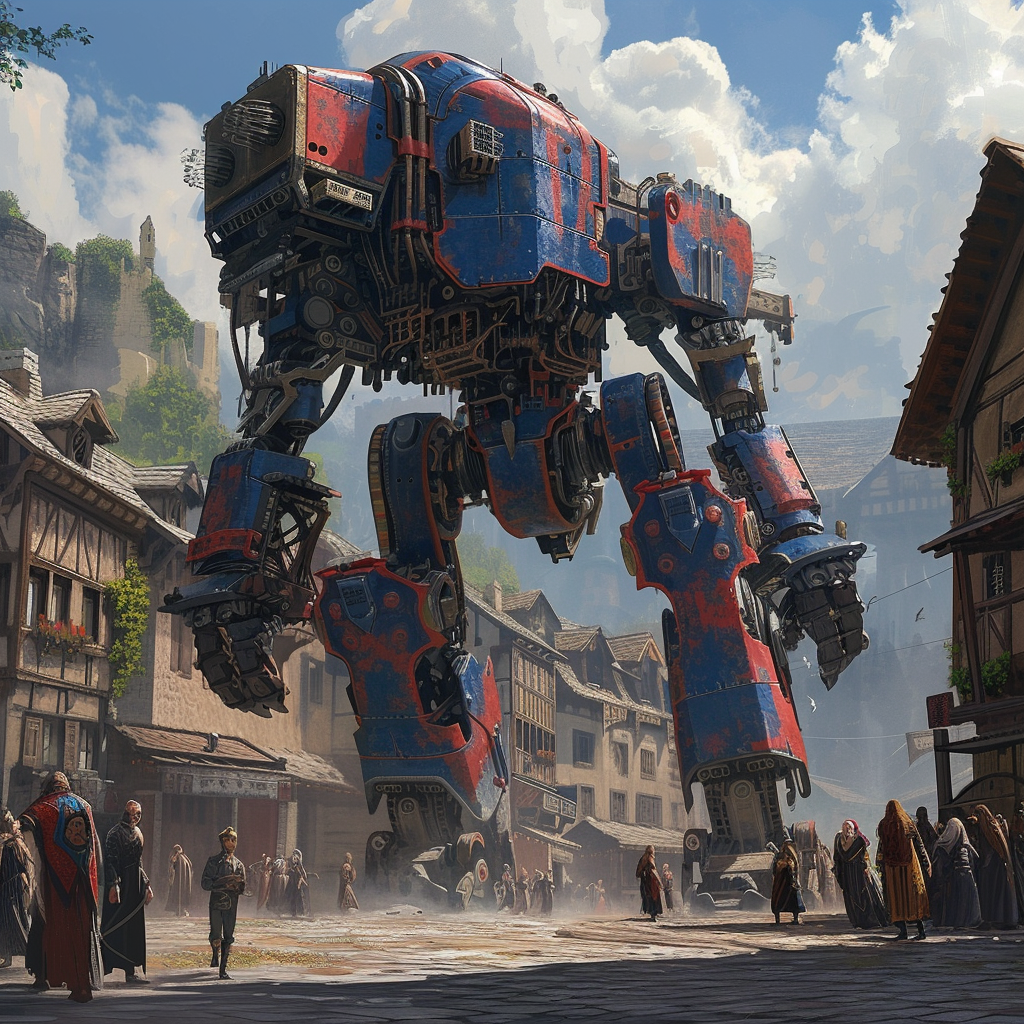 Giant Heroic Medieval Mech in Town