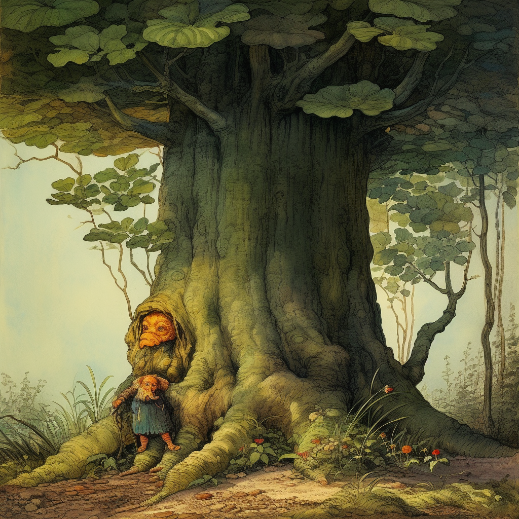 Colorful fairytale illustration of a giant hiding in the woods