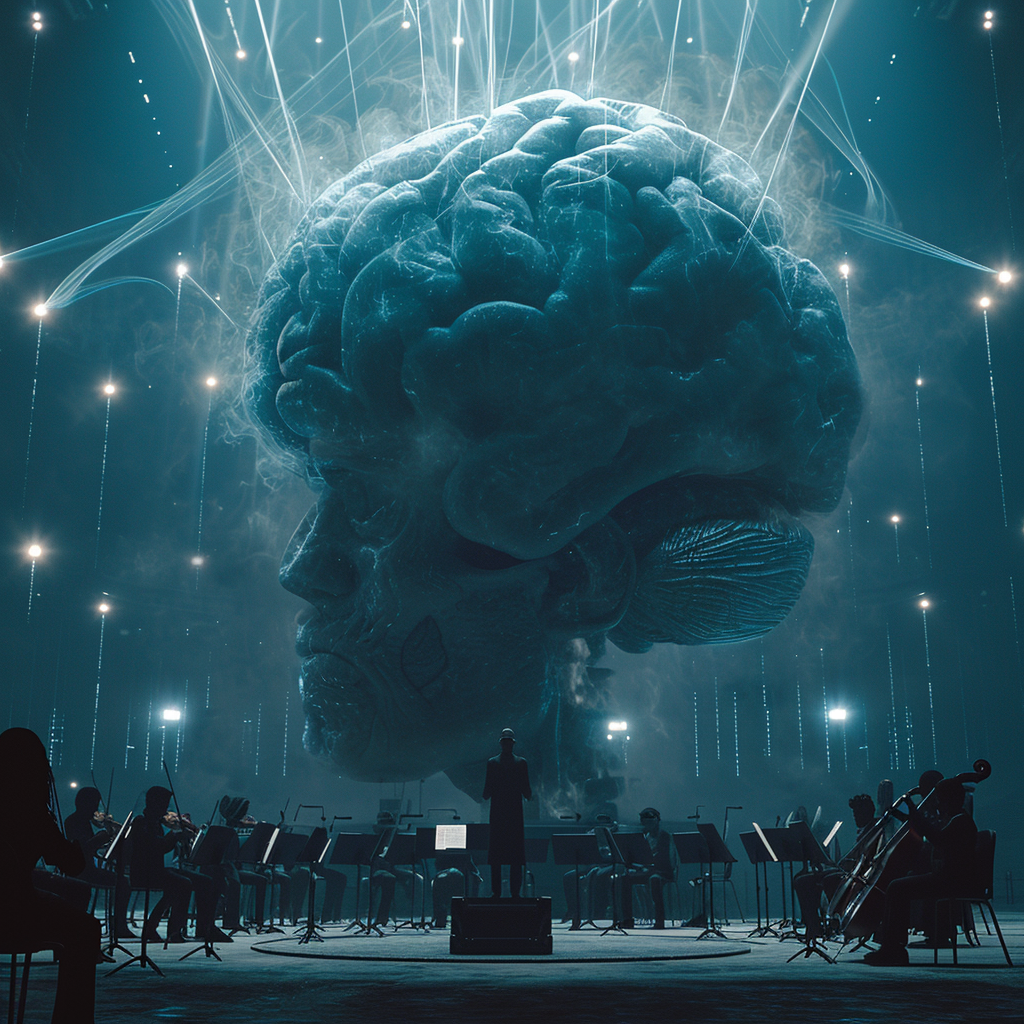 Giant human brain silhouette with orchestra