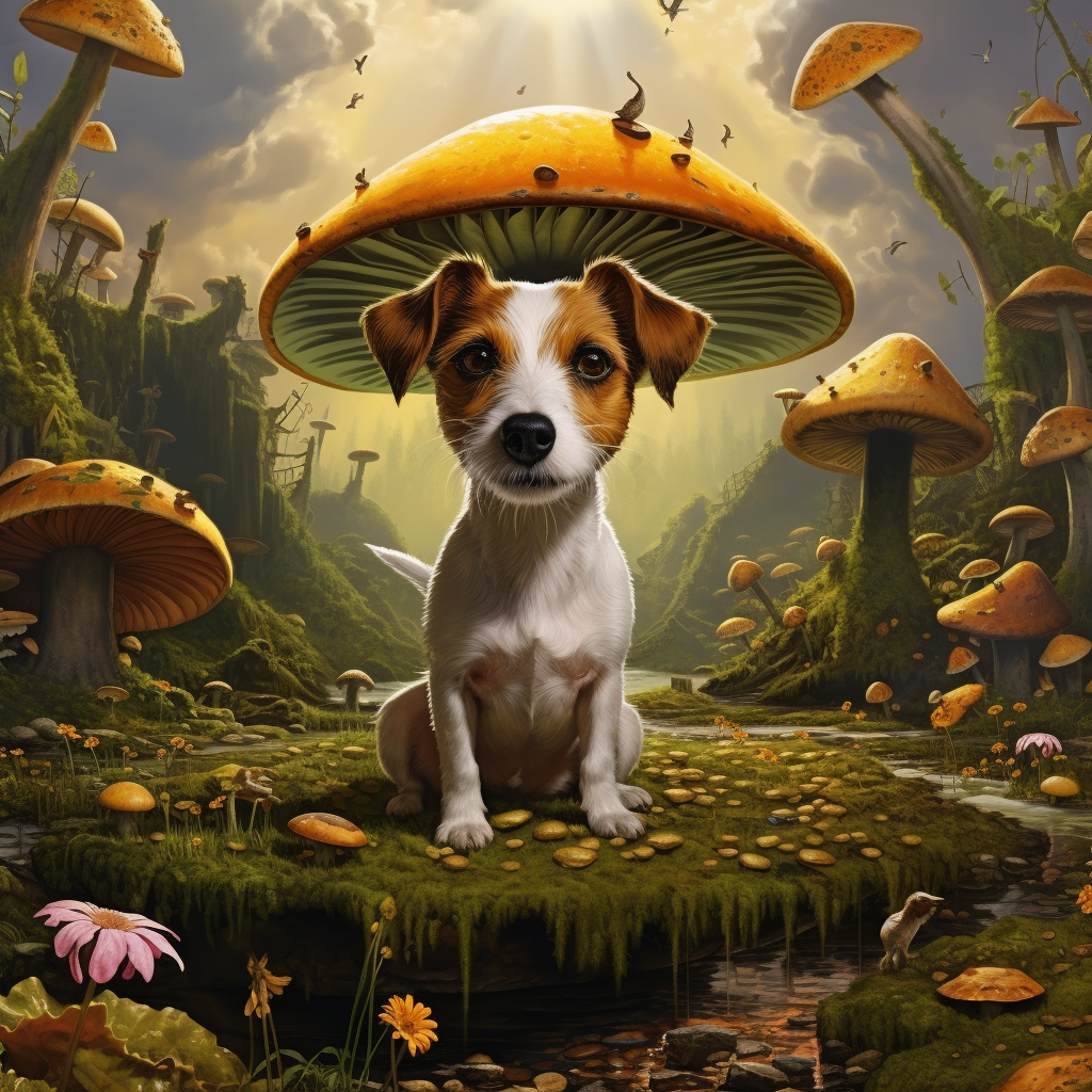 Giant Jack Russell Terrier with Tiny People and Mushrooms