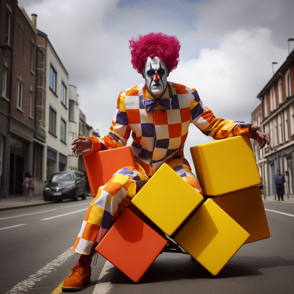 Giant jester on road with parking ban and cubes