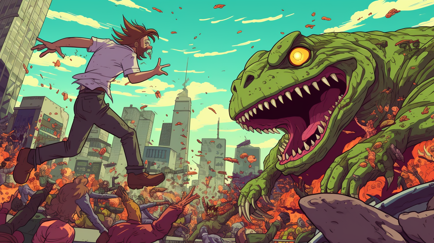 Cartoonish giant lizard destroying city