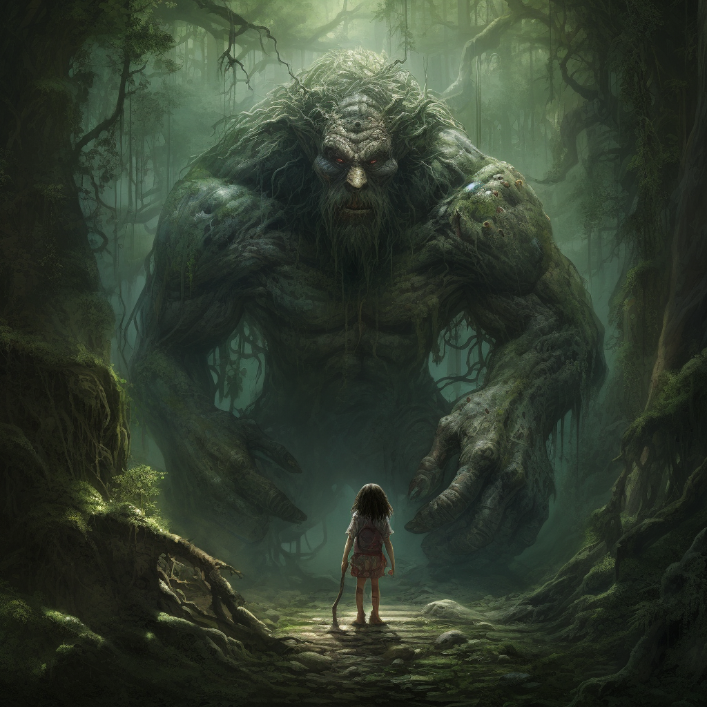 Magical forest giant with little girl