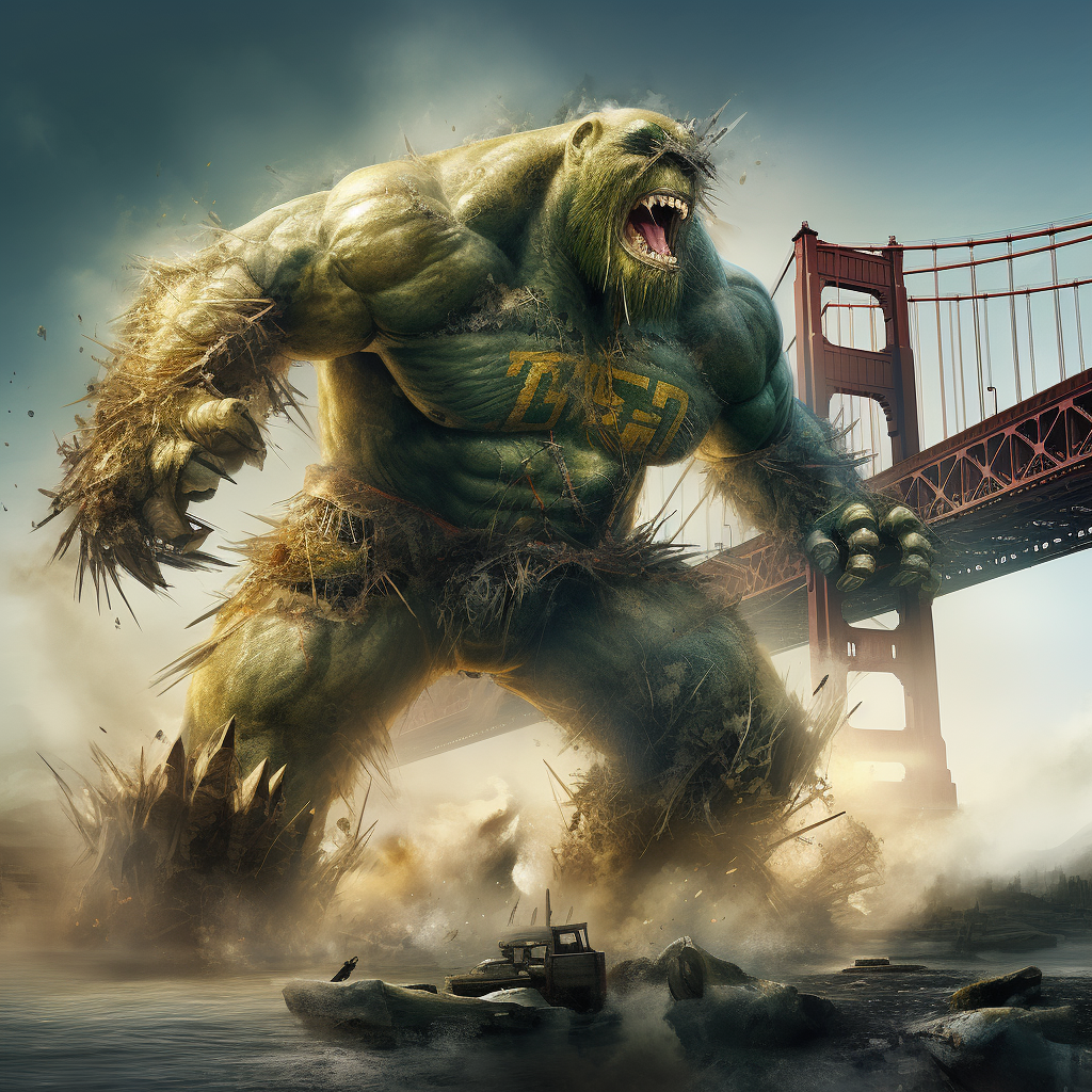 Giant Monster in GreenBay Packers Uniform Breaking Bridge.