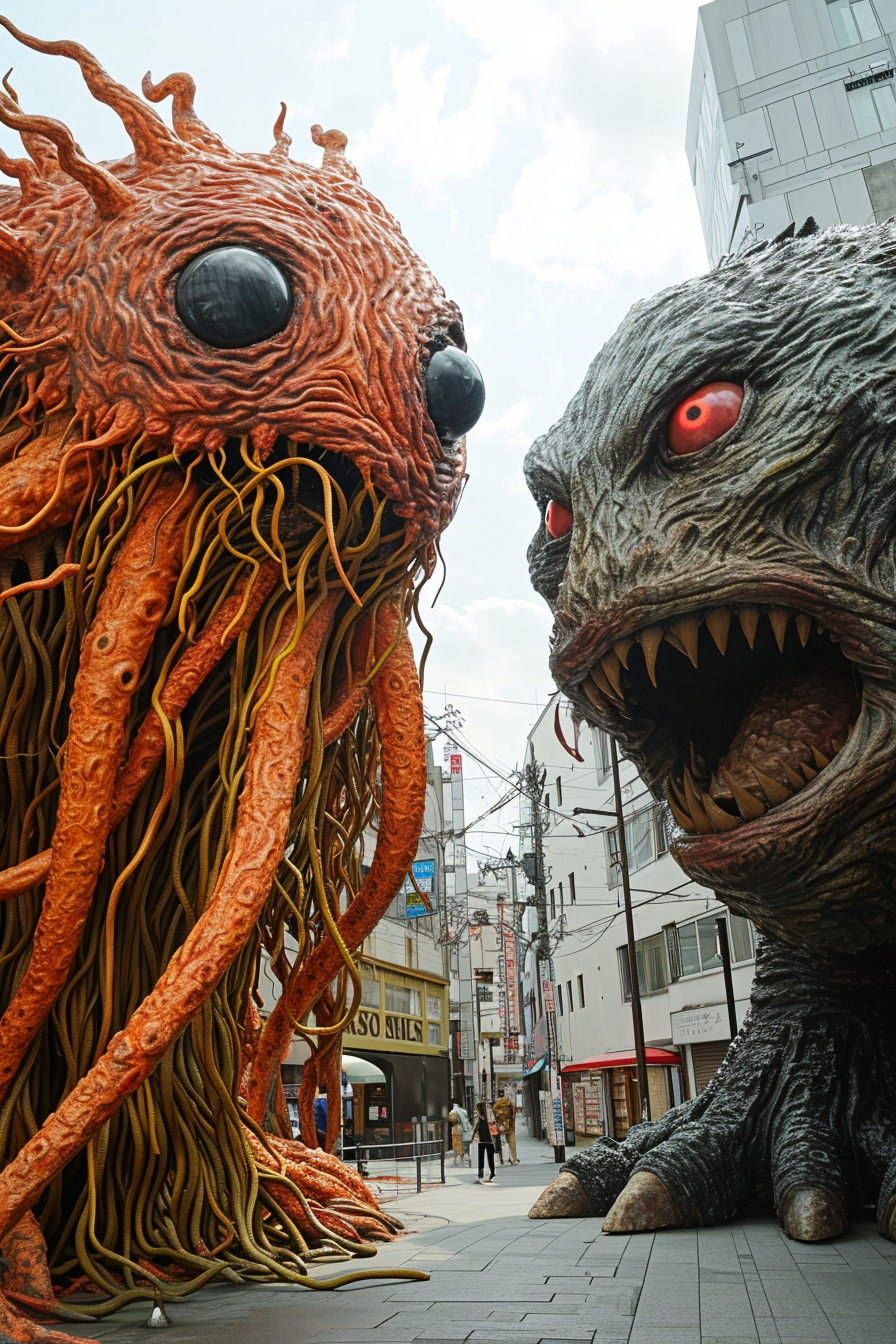 Two giant monsters battling in Tokyo