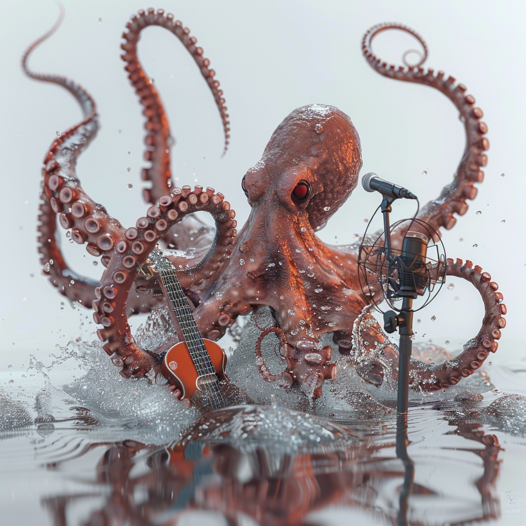 Giant octopus playing guitar and microphone