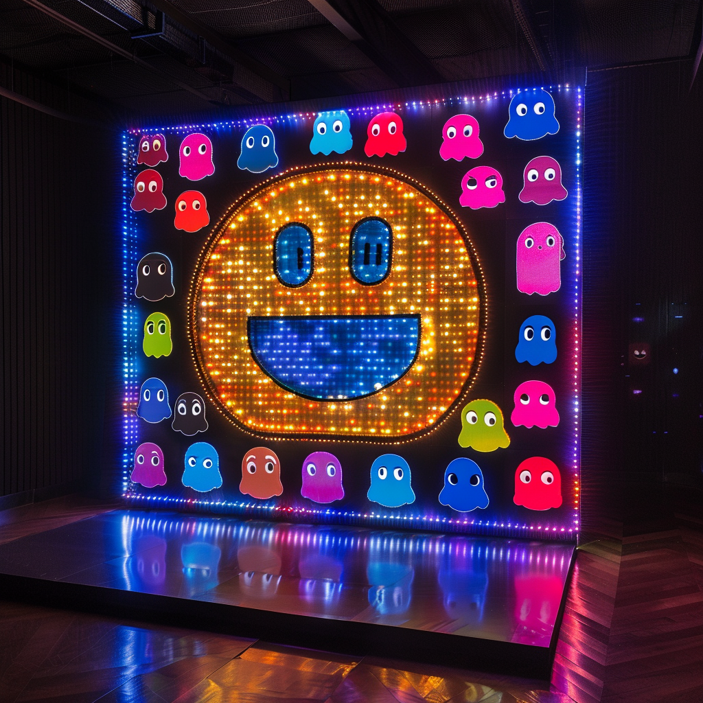 Giant Pac-Man chasing colorful ghosts