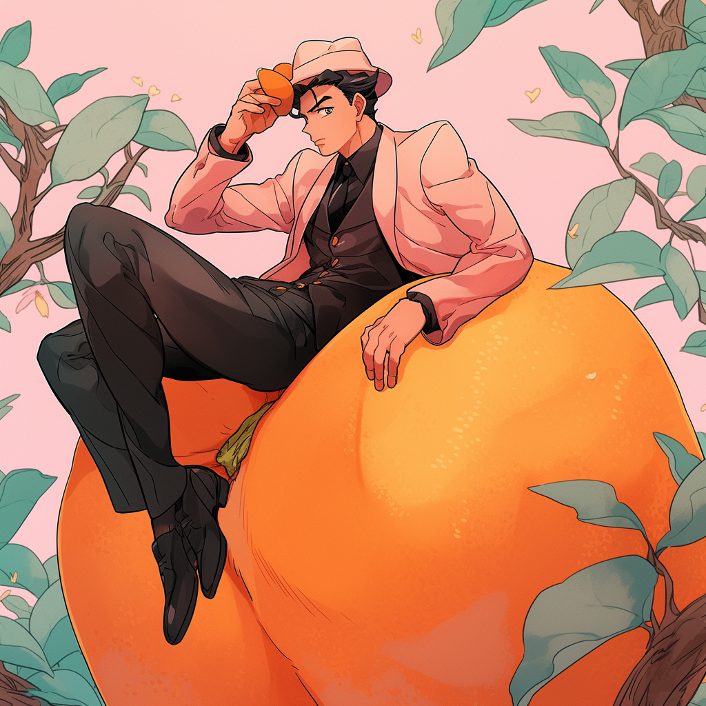 Man sitting on a giant peach