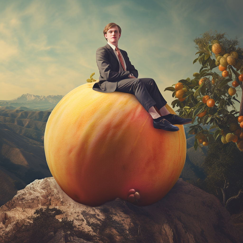 Man sitting on a giant peach