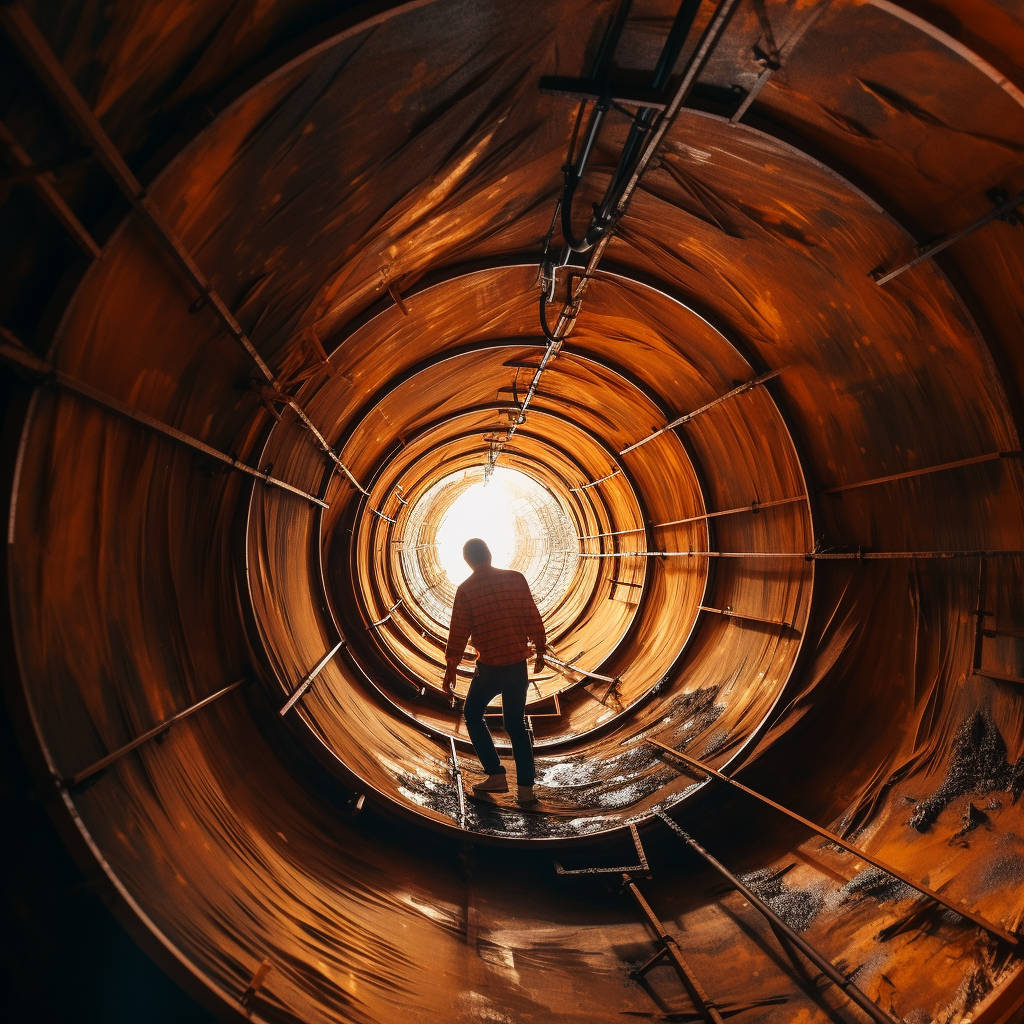 Climbing through giant pipe hole