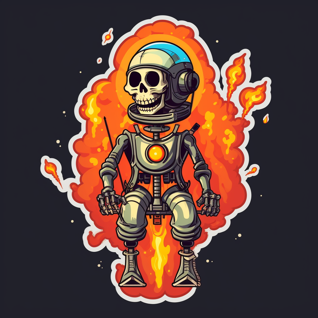 Giant plastic skeleton with rocket flame