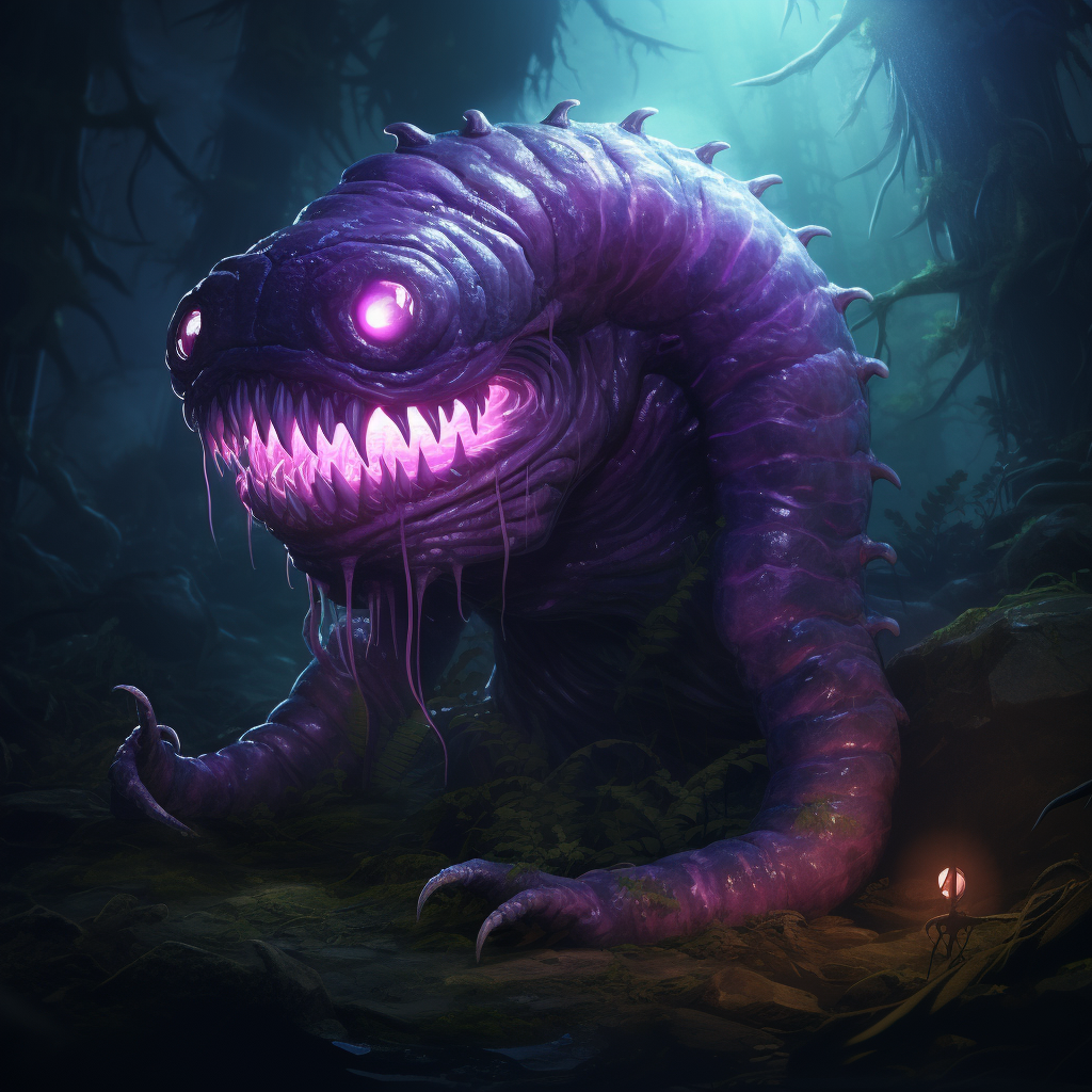 Giant purple demon worm with glowing eyes