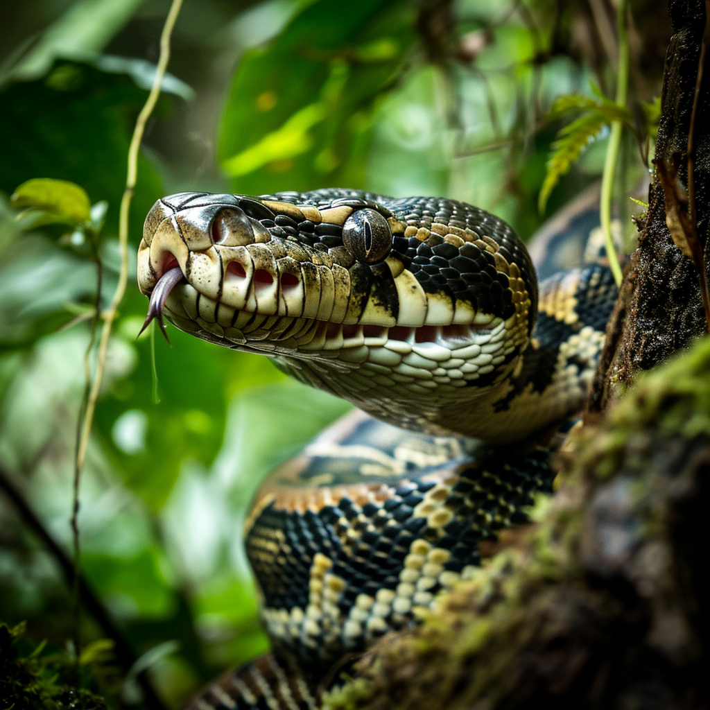 Giant python in Amazon rainforest sticking out tongue