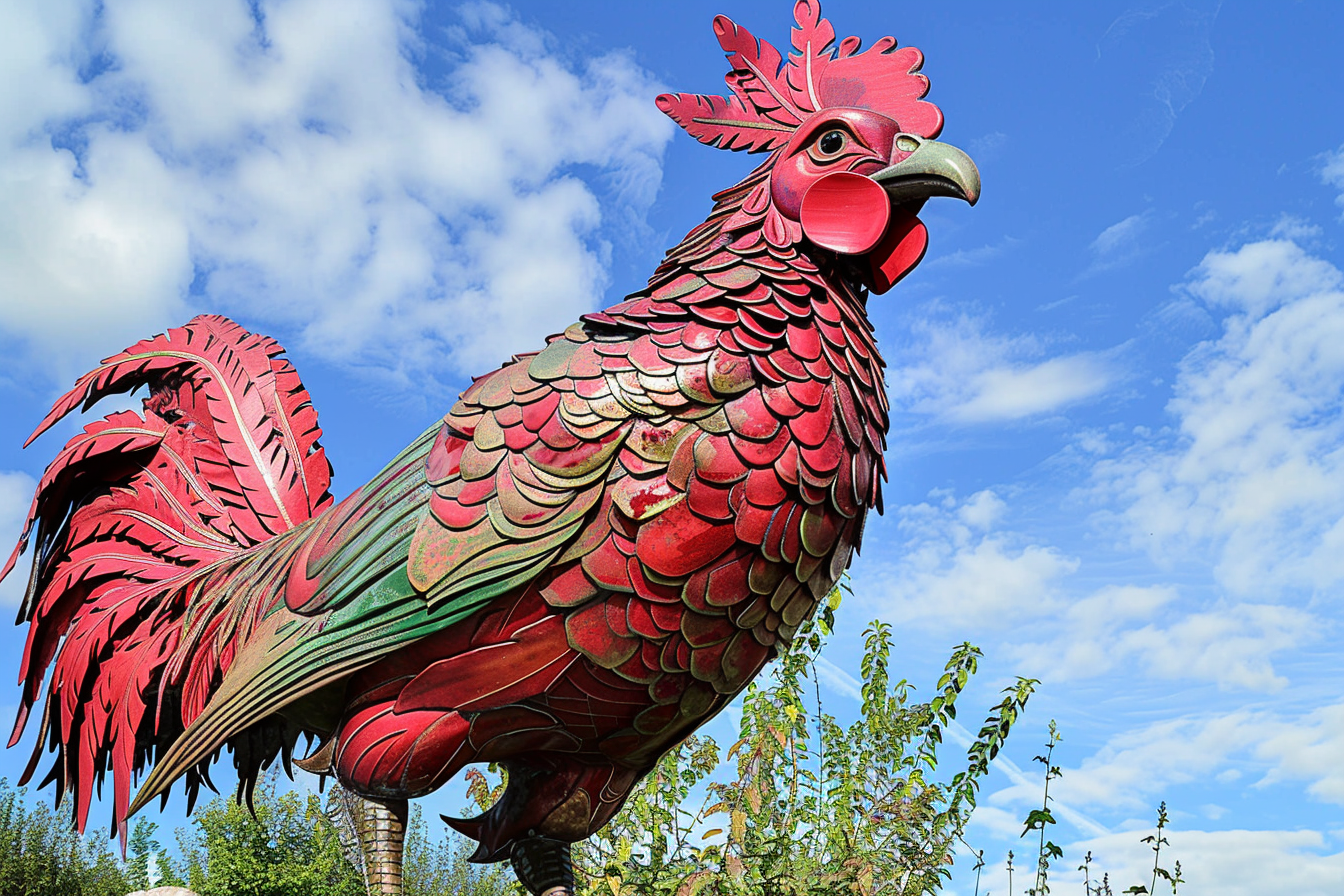 Red pheasant statue outdoors