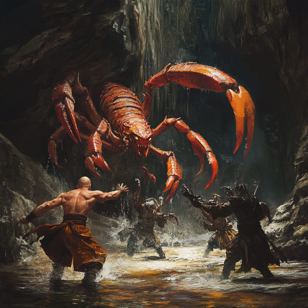 Giant Red Scorpion Fighting Monk