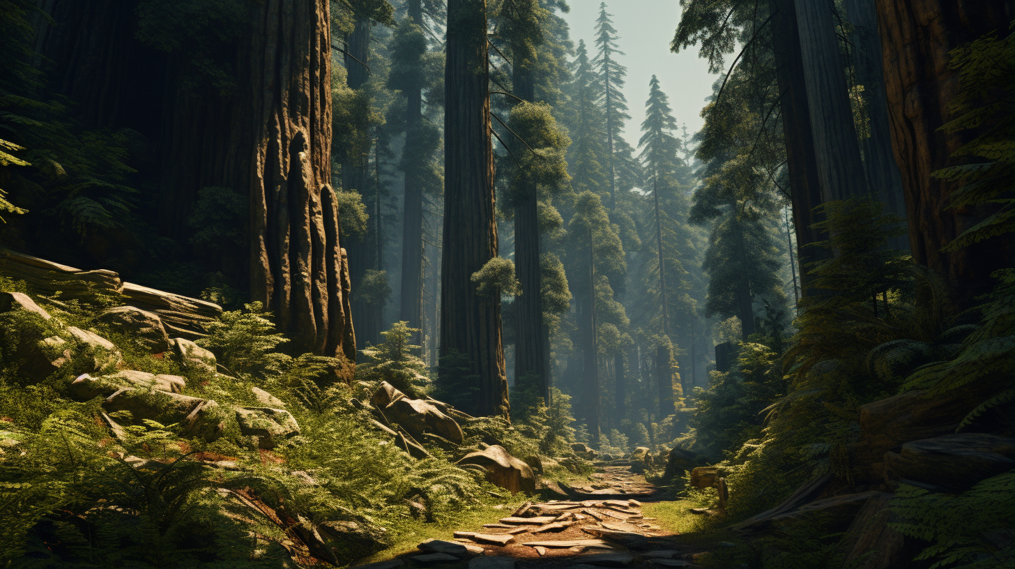 Path leading to cliff in redwood forest