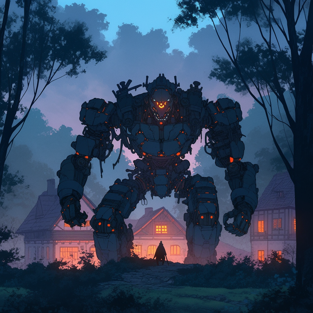 Giant robot kneeling near castle in a forest