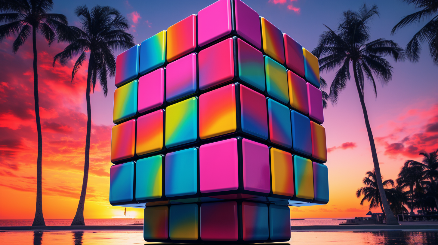 Colorful giant Rubik's cube on a vaporwave background