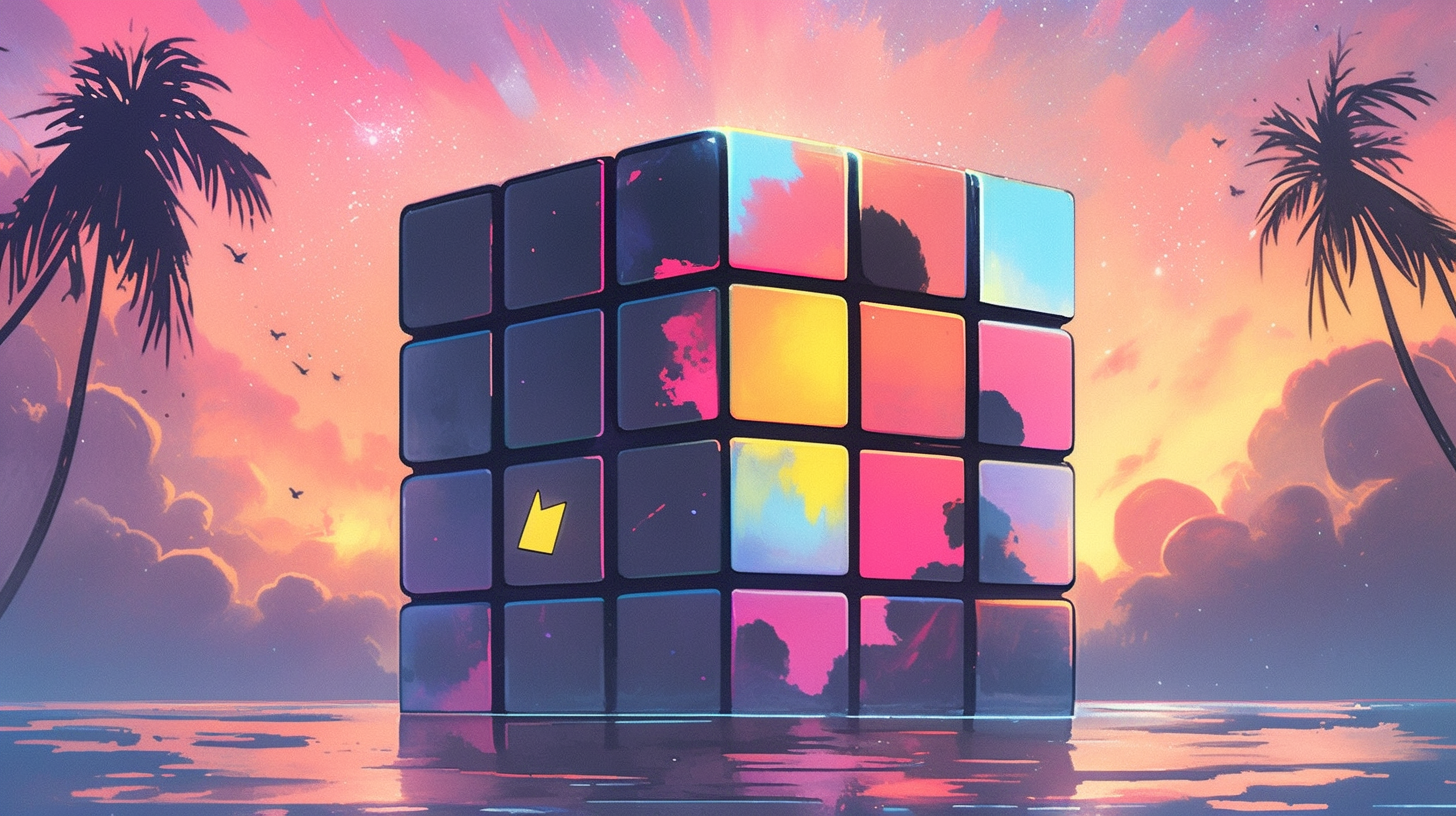 Colorful giant Rubik's cube in a retro vaporwave style