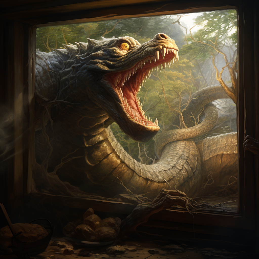 Giant serpent crashing through window