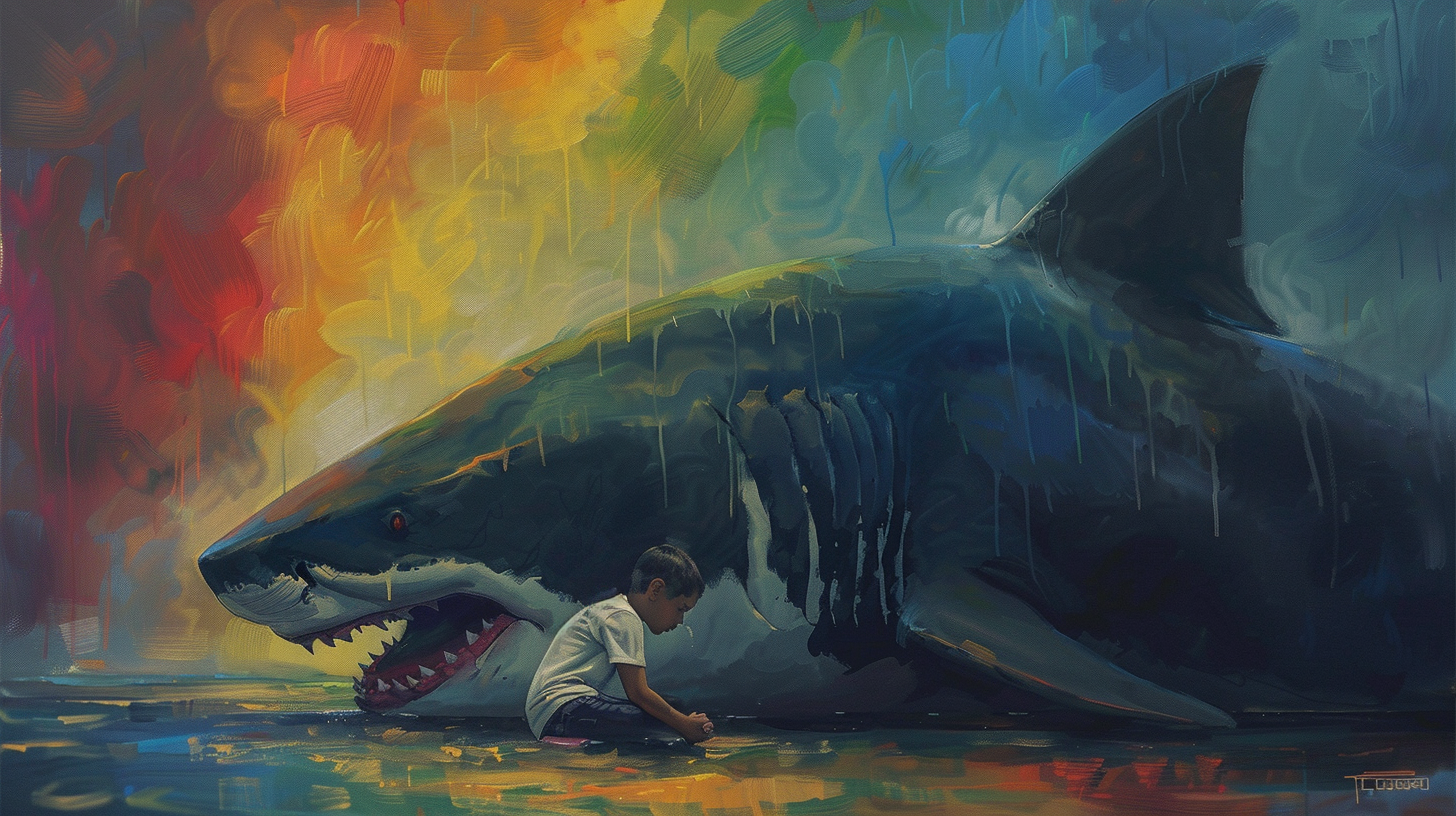 Giant shark guarding crying child