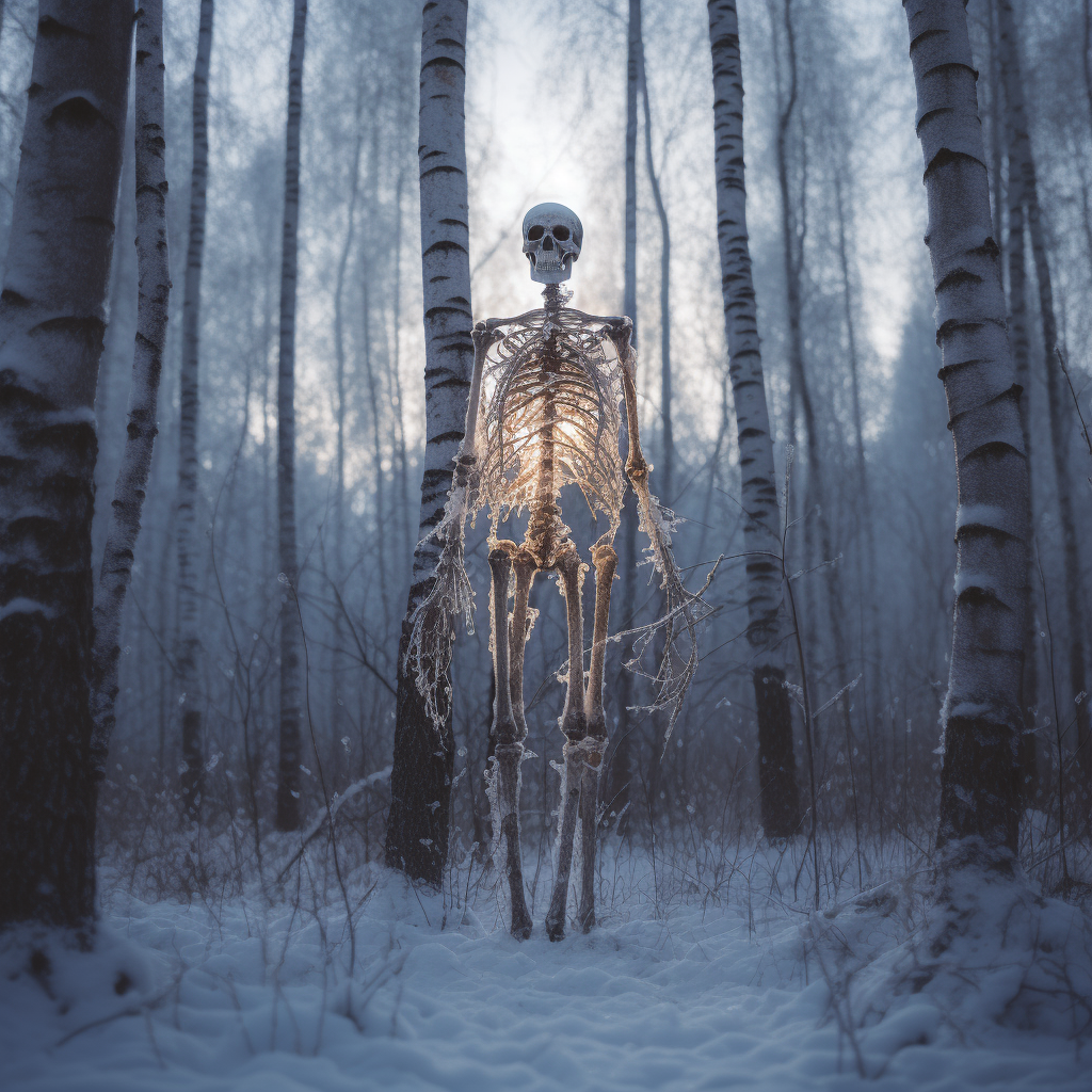 Hyper realistic giant skeleton in winter forest