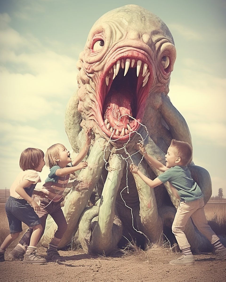 Kids playing with giant slimy monster